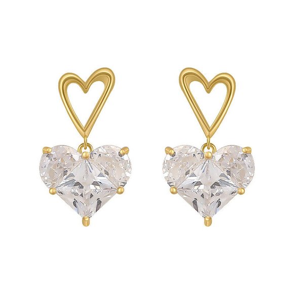New 18k Gold Plated Sterling Silver White Sapphire Heart Drop Earrings - Picture 1 of 5